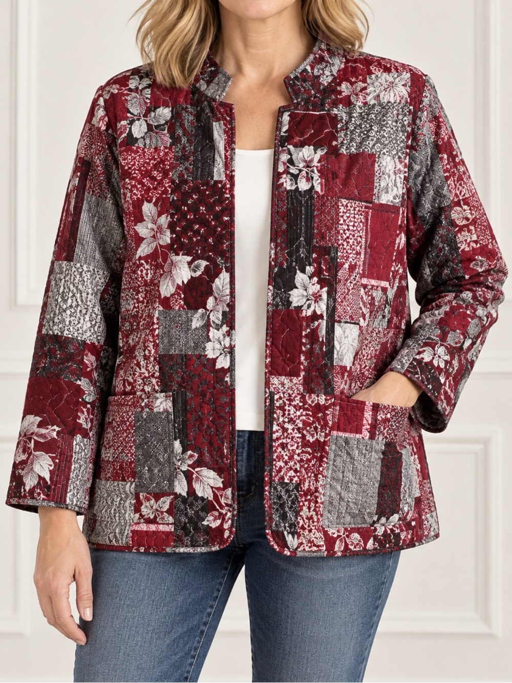 BonWorth Patchwork Quilted Open-Front Jacket in Red and Gray